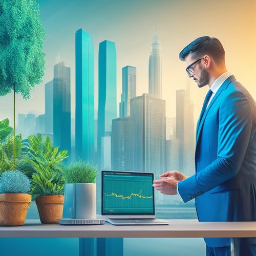 A stylized illustration of a merchant standing in front of a laptop, surrounded by growing plants and ascending graphs, with a subtle cityscape in the background, symbolizing growth and success.