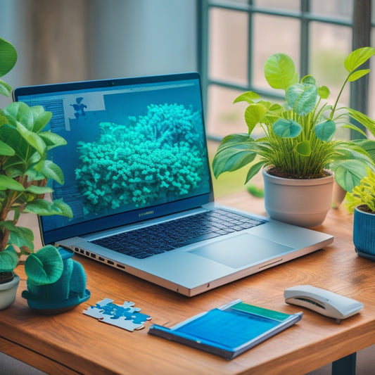 An illustration of a laptop on a desk with a blooming plant nearby, surrounded by puzzle pieces fitting together, with a subtle background of rising graphs and charts in shades of blue and green.