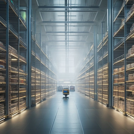 A futuristic warehouse with rows of shelves, robots navigating aisles, and holographic screens displaying inventory levels, with a subtle cityscape visible through large windows in the background.