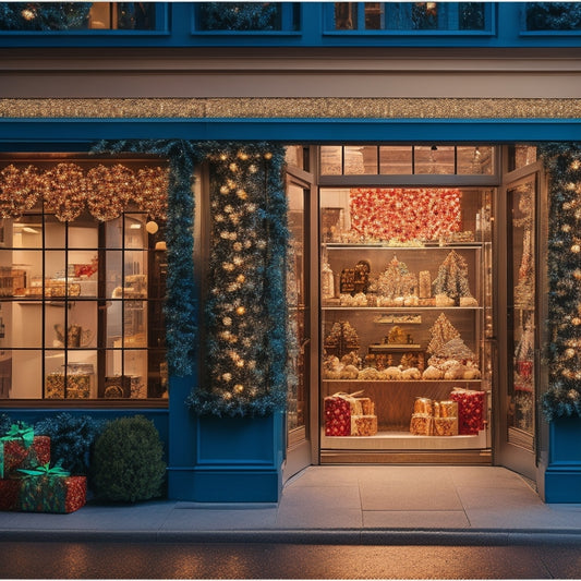 A festive holiday storefront with twinkling lights, decorated trees, and garlands, featuring a large, ornate gift box with a giant bow, surrounded by smaller, artfully arranged gift boxes and baskets.