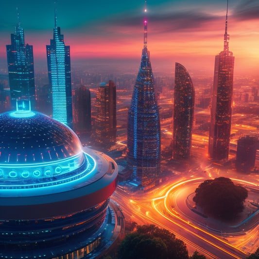 A futuristic cityscape at dusk with sleek skyscrapers, neon lights reflecting off glossy surfaces, and a giant PDF icon hovering above the city, surrounded by orbiting gears and cogs.