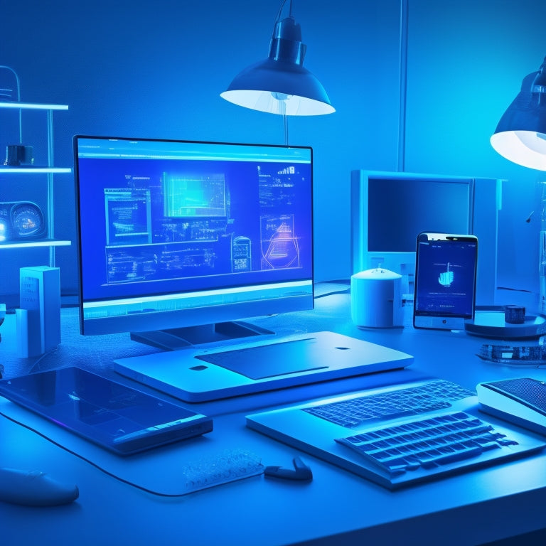 A futuristic, minimalist desk with a laptop, tablet, and smartphone, surrounded by abstract ecommerce icons, wires, and circuits, set against a dark blue background with neon accents.