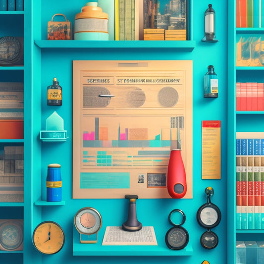 A stylized illustration of a retail store shelf with various product SKUs, surrounded by magnifying glasses, clipboards, and pens, amidst a subtle background of charts and graphs, conveying analysis and scrutiny.