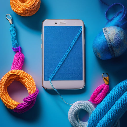 A complex, tangled web of colorful threads, ropes, and chains, weighing down a sleek, modern smartphone or tablet, set against a bright, gradient blue background, with subtle, nuanced shadows.