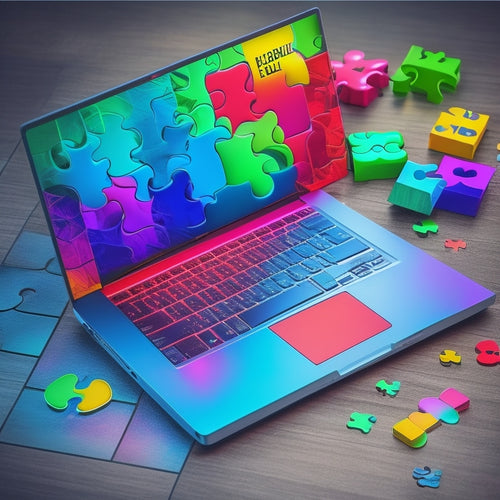 A vibrant illustration featuring a laptop with a glowing screen, surrounded by 7 colorful puzzle pieces, each containing a unique digital download icon (e.g. eBook, template, worksheet).