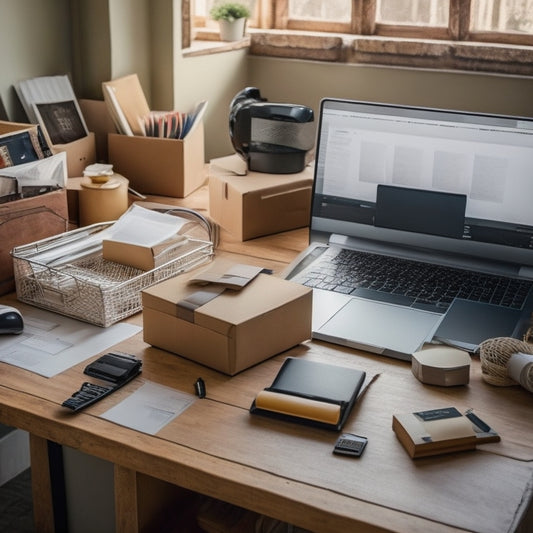 A clutter-free desk with a laptop, a printer, and a roll of shipping labels, surrounded by neatly packed boxes and a few pens, all organized and ready for efficient shipping.