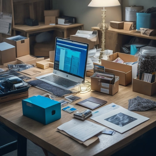 A messy desk cluttered with shipping boxes, packing tape, and scattered papers, with a single, sleek laptop in the center, surrounded by a halo of organization, printing a perfectly aligned shipping label.