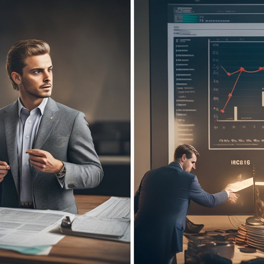 A split-screen image featuring a confused person surrounded by scattered coins and a calculator on the left, and a confident person standing in front of a neatly organized price chart with ascending arrows on the right.