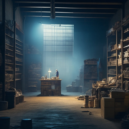 A whimsical, moonlit warehouse interior with shelves upon shelves of dusty, forgotten items; a lone figure, cloaked in shadows, conjures sparks, as surplus objects begin to glow, transform, and take flight.