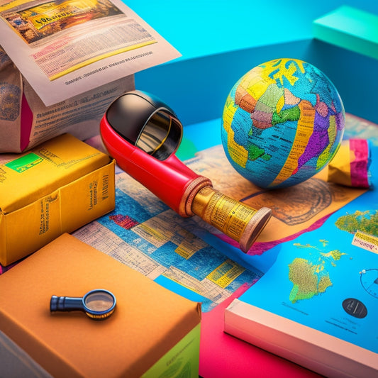 A colorful illustration of a shipping label with a magnifying glass hovering above, surrounded by scattered packages, envelopes, and a miniature globe in the background, conveying precision and global reach.