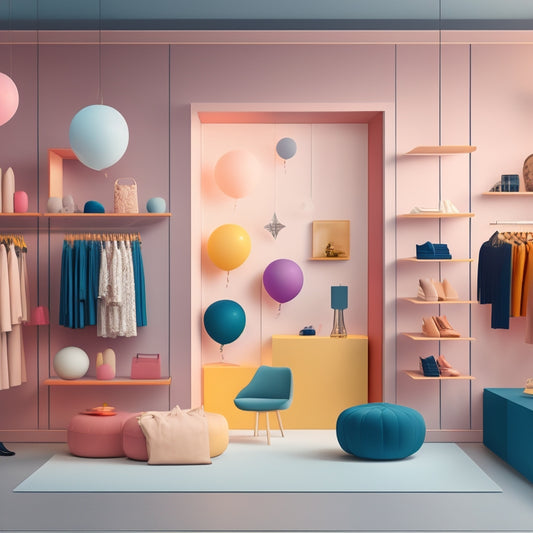 A stylized, minimalist illustration featuring a boutique store's interior with sleek shelves and racks, overflowing with vibrant, trendy clothing and accessories, surrounded by subtle confetti and balloons.