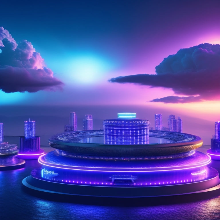 A futuristic, neon-lit arena with three gleaming, metallic pedestals, each topped with a distinct, glowing sales platform icon, surrounded by swirling clouds of 1s and 0s, with a cityscape in the background.