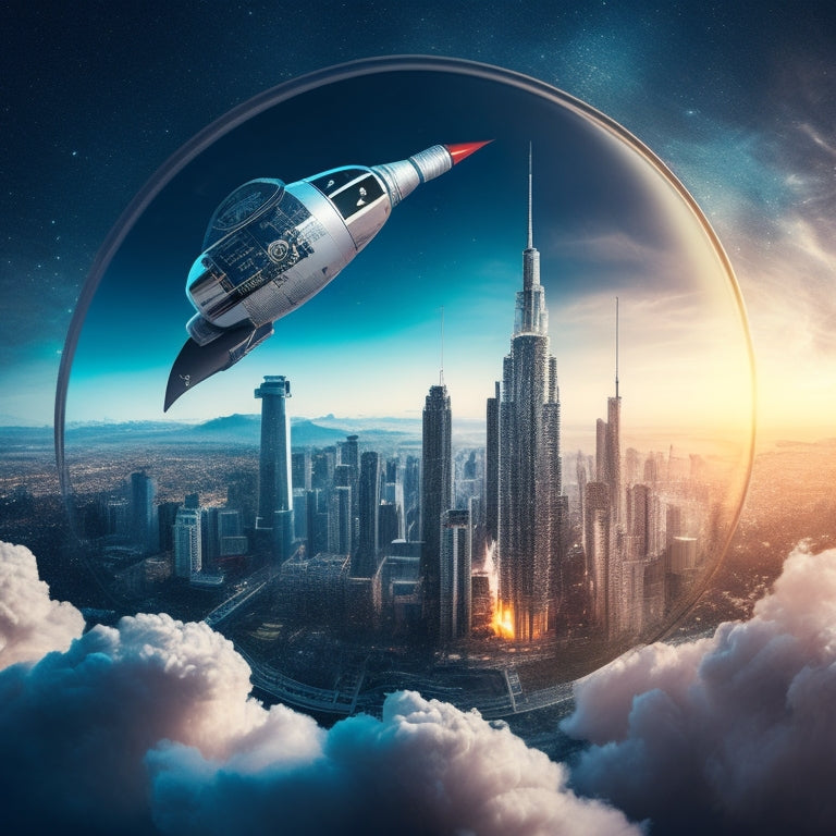 An illustration of a rocket ship blasting off into the digital sky, surrounded by swirling clouds of 1s and 0s, with a compass and a magnifying glass orbiting the ship, amidst a backdrop of cityscapes and graphs.