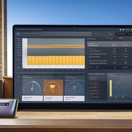 A modern ecommerce dashboard with a prominent graph trending upwards, surrounded by laptop, tablet, and smartphone screens displaying online course sales analytics, amidst a subtle background of shopping bags and currency symbols.