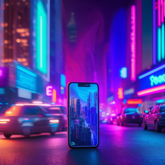 A futuristic, neon-lit cityscape at dusk, with a giant smartphone screen displaying a TikTok shopping bag icon, surrounded by swirling e-commerce symbols and trending arrows.