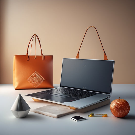 A stylized illustration of a laptop with a minimalist desktop, featuring a few sleek, modern icons and a prominent shopping bag with a growing arrow emerging from it, surrounded by subtle, swirling patterns of binary code.
