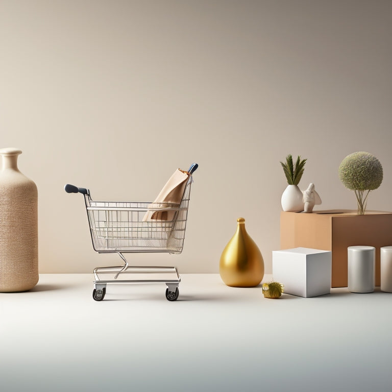 An illustration of a minimalist online shopping cart with a few, neatly arranged items, surrounded by a subtle background of blurred website tabs, with a faint outline of a clock in the top-right corner.