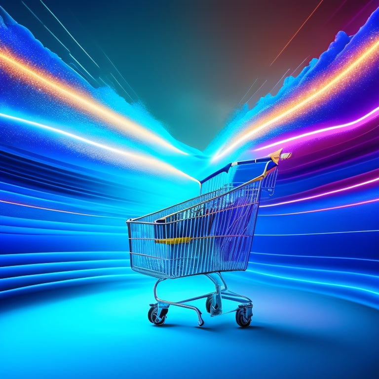 A stylized illustration of a lightning bolt striking a shopping cart, surrounded by swirling arrows and speed lines, set against a bold, gradient background of blues and whites.