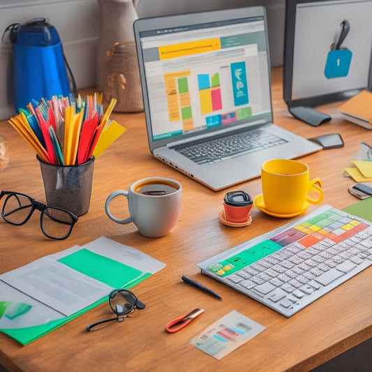 A cluttered desk with a laptop, notebooks, and scattered papers, surrounded by e-commerce icons (shopping carts, credit cards, etc.) and colorful sticky notes, with a coffee cup and a pair of glasses in the background.