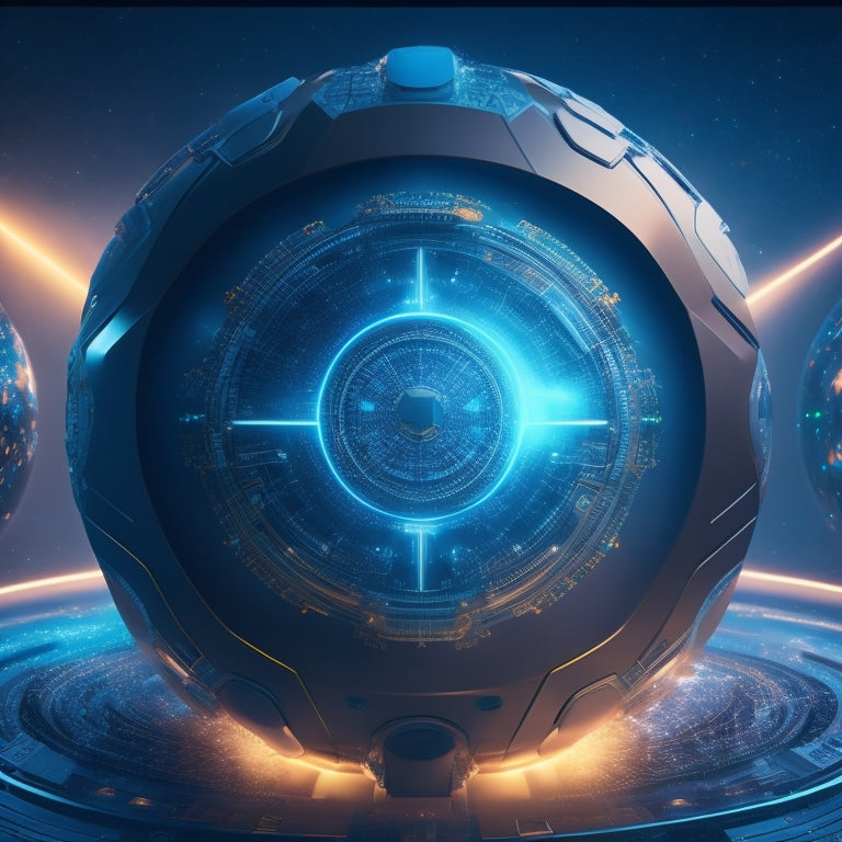 A futuristic, high-tech background with interconnected nodes and glowing circuits, featuring a central shield emblem surrounded by orbiting spheres, symbolizing protection and vigilance in the digital realm.