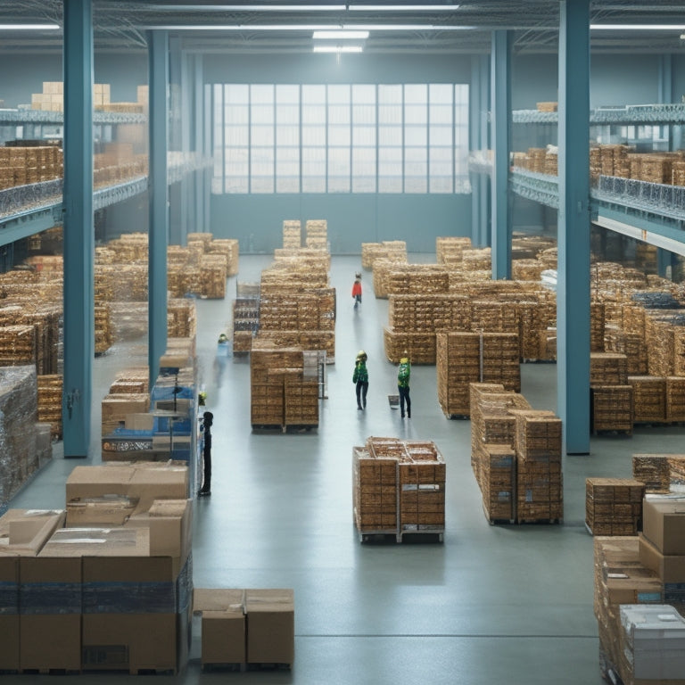 An illustration of a organized e-commerce warehouse with rows of neatly stacked boxes, a central command center with multiple screens, and a few workers efficiently packing and shipping orders.