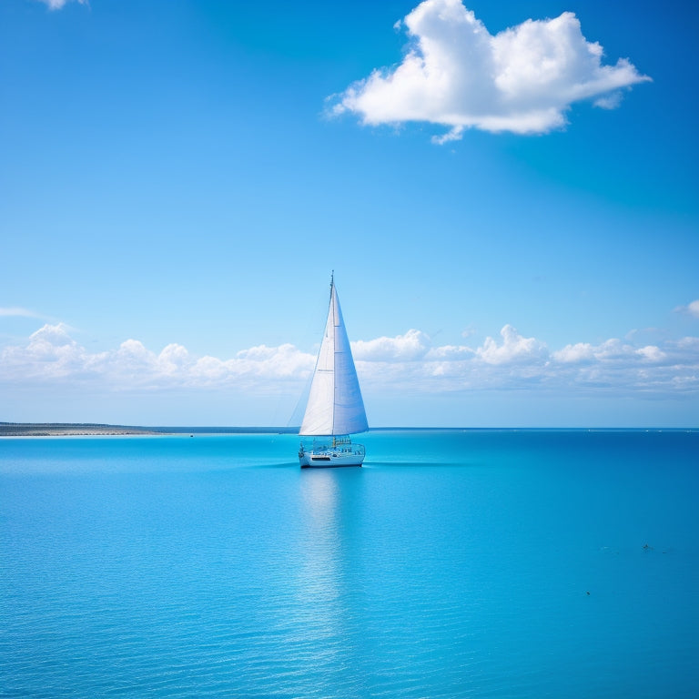 A serene sailboat glides across a calm, turquoise ocean, with a subtle wake trailing behind, set against a bright blue sky with scattered, puffy white clouds.