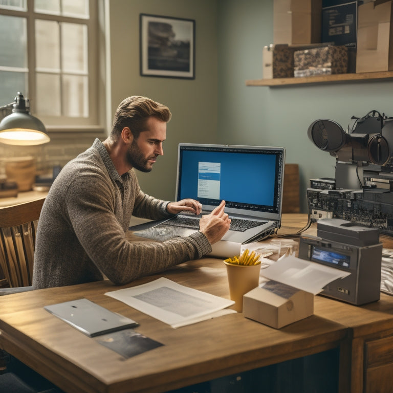 An image of a person sitting at a desk, surrounded by packages and a laptop, with a printer in the background printing a shipping label, and a clock on the wall showing a timely delivery.