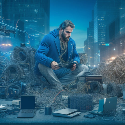 An illustration of a perplexed merchant surrounded by scattered laptops, smartphones, and tablets, with tangled cords and broken screens, amidst a blurred cityscape background with faint digital codes and graphs.