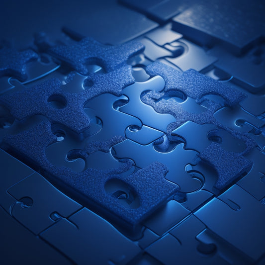 A futuristic, dark blue background with a large, silver 3D puzzle piece in the center, surrounded by smaller, interconnected puzzle pieces of varying colors, with a subtle glow effect.