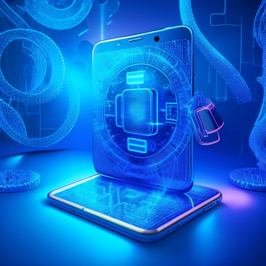 A stylized, futuristic illustration of a smartphone with glowing, swirling patterns emanating from its screen, surrounded by orbiting puzzle pieces, coins, and locks, set against a dark blue background with neon accents.
