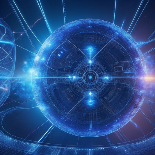 A futuristic, high-tech background with glowing blue circuits and wires, featuring a central hub with spinning gears and pulsing lights, surrounded by orbiting spheres representing data, connected by bright, glowing lines.