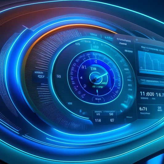 A futuristic dashboard with sleek, curved lines, featuring a large, circular graph displaying a sharp upward trend, surrounded by smaller, intricate charts and gauges, set against a dark blue background with neon accents.