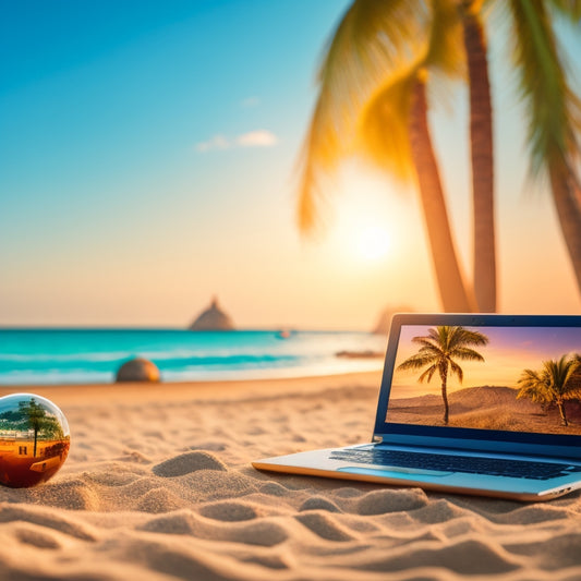 An illustration of a laptop on a beach, with a miniature globe and a few coins surrounding it, surrounded by palm trees and a subtle cityscape in the background, symbolizing freedom and wealth.
