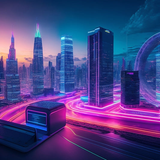 A futuristic, neon-lit cityscape at dusk with sleek skyscrapers and holographic ads, featuring a giant, glowing e-commerce bag bursting with digital products, surrounded by orbiting laptops and smartphones.