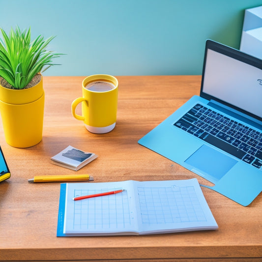A minimalist illustration of a desk with a laptop, surrounded by colorful sticky notes, a cup of coffee, and a few textbooks, with a subtle background of a whiteboard filled with doodles and diagrams.