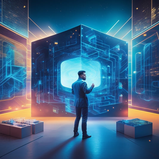A futuristic, minimalist illustration featuring a merchant standing in front of a large, glowing puzzle with interlocking digital pieces, surrounded by swirling lines and geometric shapes, symbolizing innovative solutions.