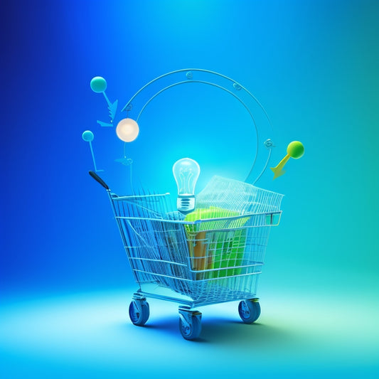 A stylized illustration of a lightbulb transforming into a shopping cart, surrounded by swirling arrows and gears, set against a gradient blue and green background, symbolizing innovation and growth.