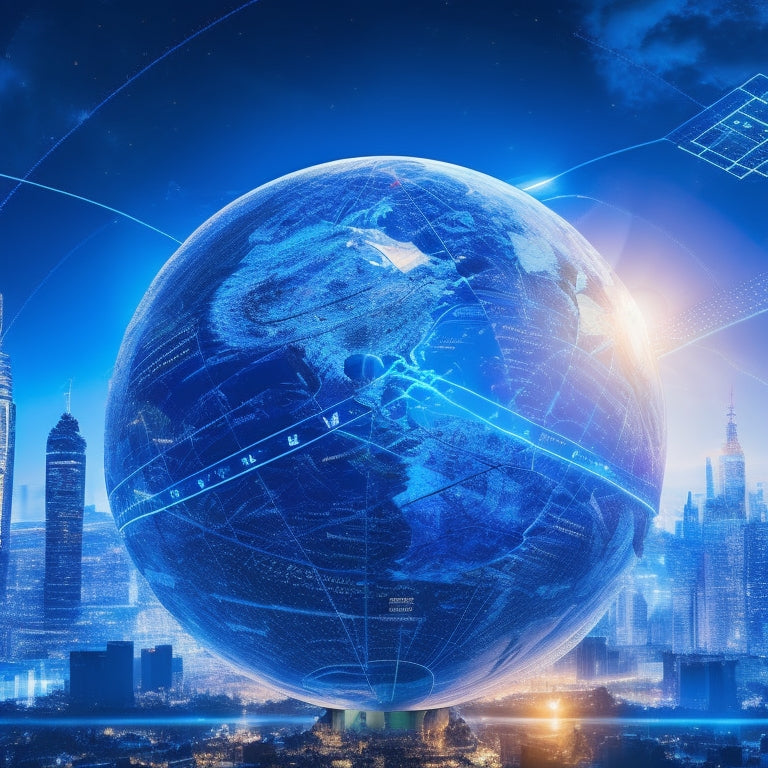 A futuristic, spherical digital globe with glowing blue circuits and subtle PayPal logo patterns, surrounded by orbiting smartphones, laptops, and tablets, amidst a backdrop of city skylines and international flags.