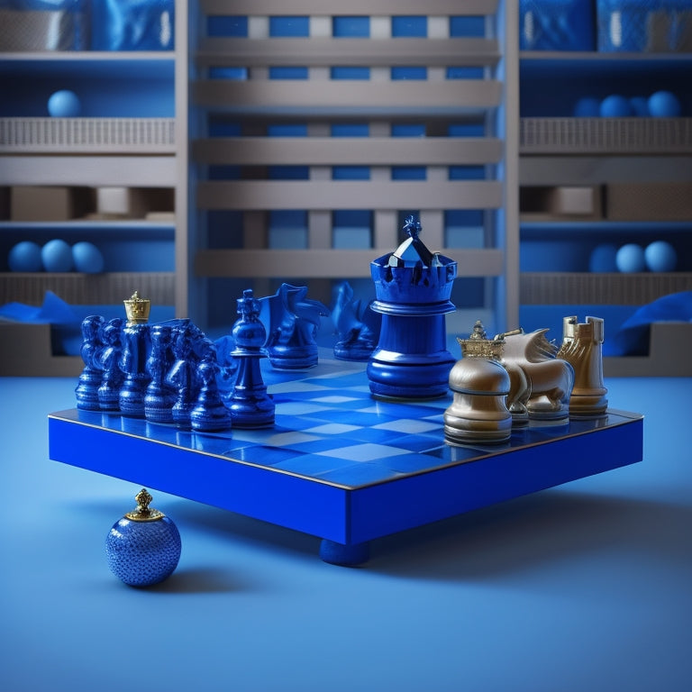 A sleek, modern illustration of a chessboard with Amazon boxes as chess pieces, a crown on top of the king piece, and a subtle shopping cart in the background, set against a dark blue gradient.