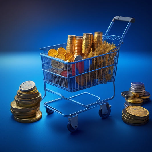 A stylized illustration of a rising graph, with a shopping cart at the base and coins overflowing from it, set against a blue background with subtle digital circuitry patterns.