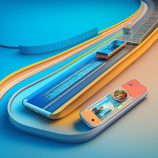 A stylized illustration of a conveyor belt seamlessly transitioning from a laptop to a smartphone, with various digital products (e.g., apps, software) flowing smoothly from one device to another.