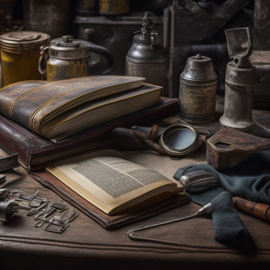 A worn, leather-bound book lies open on a cluttered workbench, surrounded by scattered tools and engine parts, with a pair of gloves and a magnifying glass resting on top of its yellowed pages.
