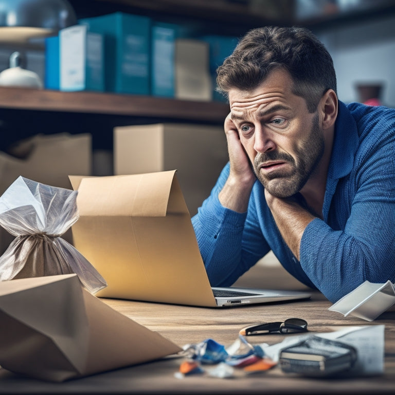 An illustration of a frustrated shopper sitting in front of a laptop with a disappointed expression, surrounded by torn packaging, broken items, and a crumpled receipt, with a subtle hint of a complaint form in the background.