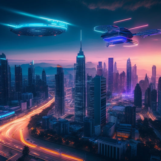 A futuristic cityscape at dusk with sleek skyscrapers, neon lights, and holographic advertisements, featuring a massive, glowing online shopping cart hovering above the metropolis, surrounded by orbiting robots and drones.