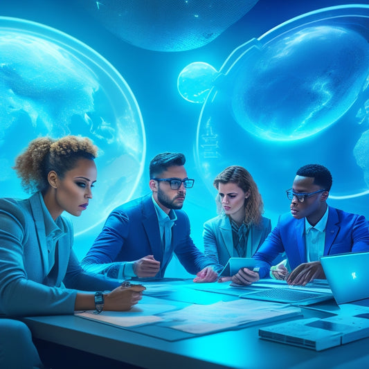 A futuristic, neon-lit virtual classroom with 3D avatars of students and instructors, surrounded by swirling clouds of data and glowing charts, amidst orbiting laptops and tablets.