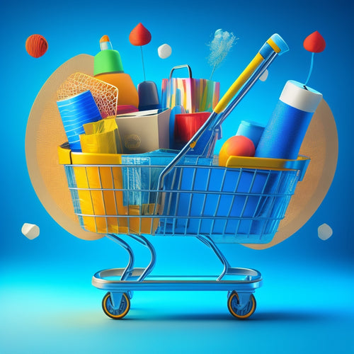 A stylized illustration featuring a shield-protected shopping cart overflowing with various products, surrounded by swirling arrows and lines depicting online transactions, set against a bright, gradient blue background.