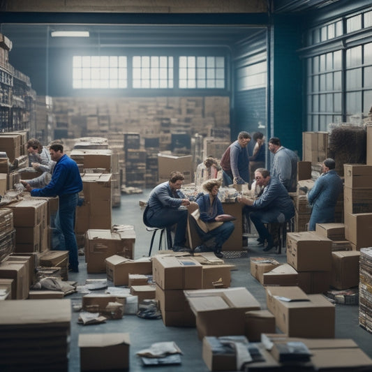 A cluttered warehouse with broken boxes, tangled shipping labels, and a clock ticking in the background, surrounded by frustrated employees and a sea of unfulfilled orders.