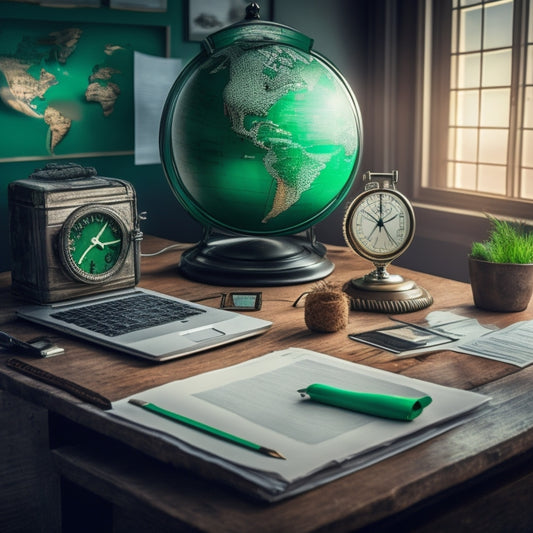 An illustration of a merchant's workspace with a laptop, a clock, and a globe, surrounded by flying papers and files disappearing into a digital cloud, with a green arrow pointing upwards.