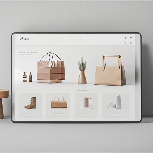A minimalist illustration of a Shopify storefront with various page templates displayed on digital screens and tablets, surrounded by rising arrows and subtle shopping bag icons.