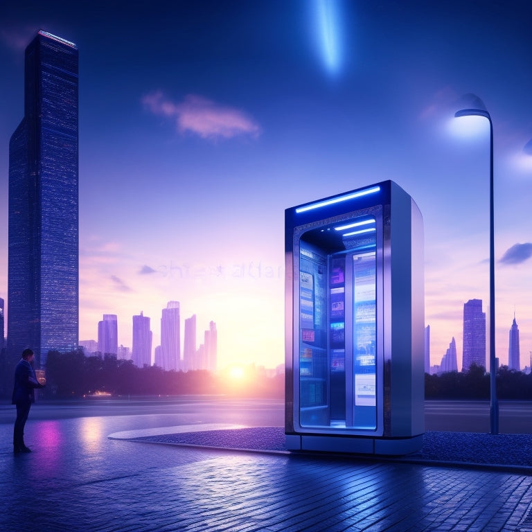 A futuristic ticketing booth with a sleek, silver exterior, surrounded by holographic tickets floating in mid-air, with bright, pulsing lights and a cityscape background at dusk.